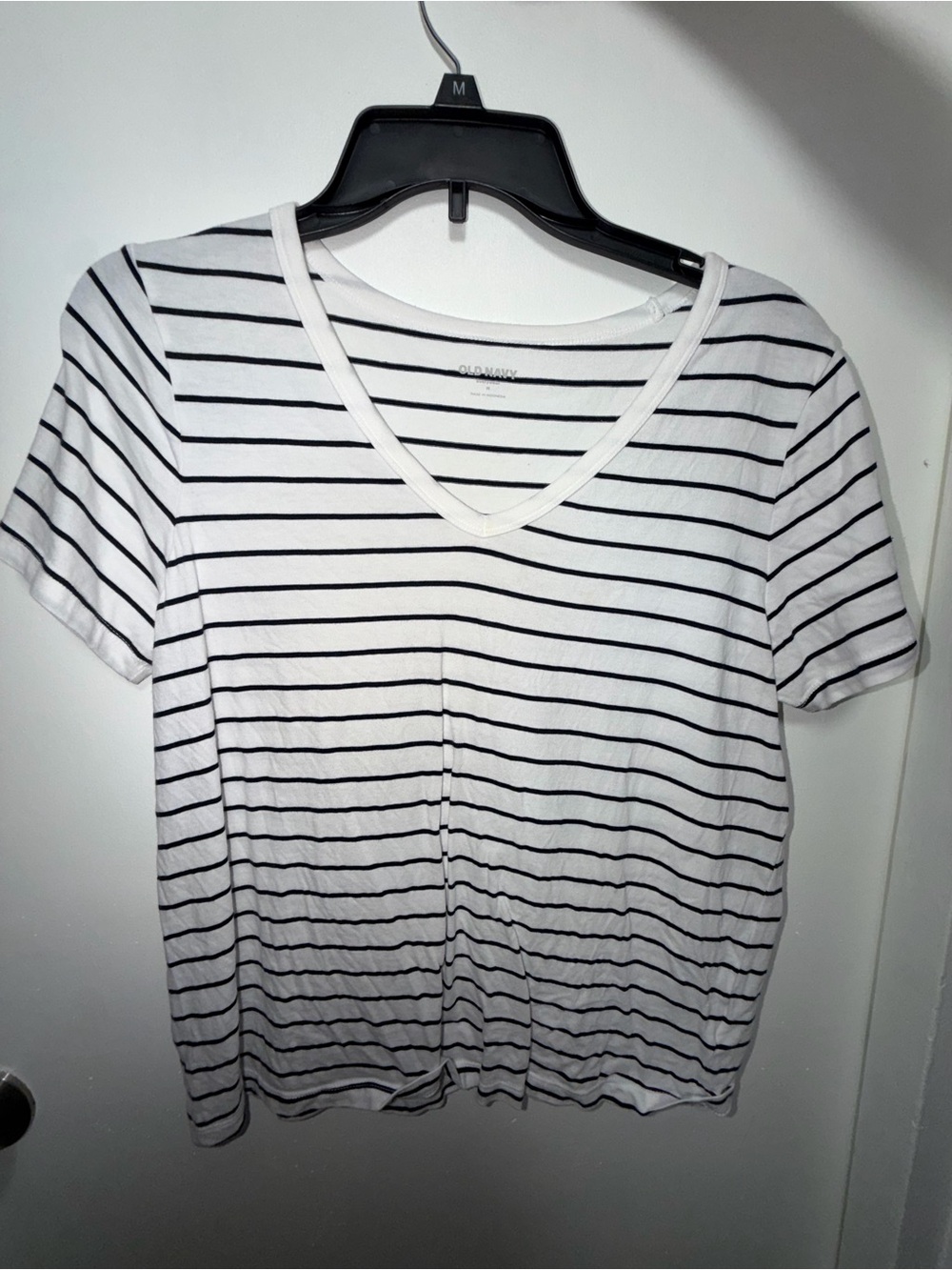 Old Navy White V-Neck Tee with Black Stripes